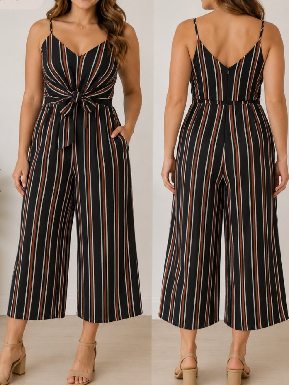 Lush Striped Tie Front Wide Leg Jumpsuit Boho Coastal Chic Sleeveless Size M